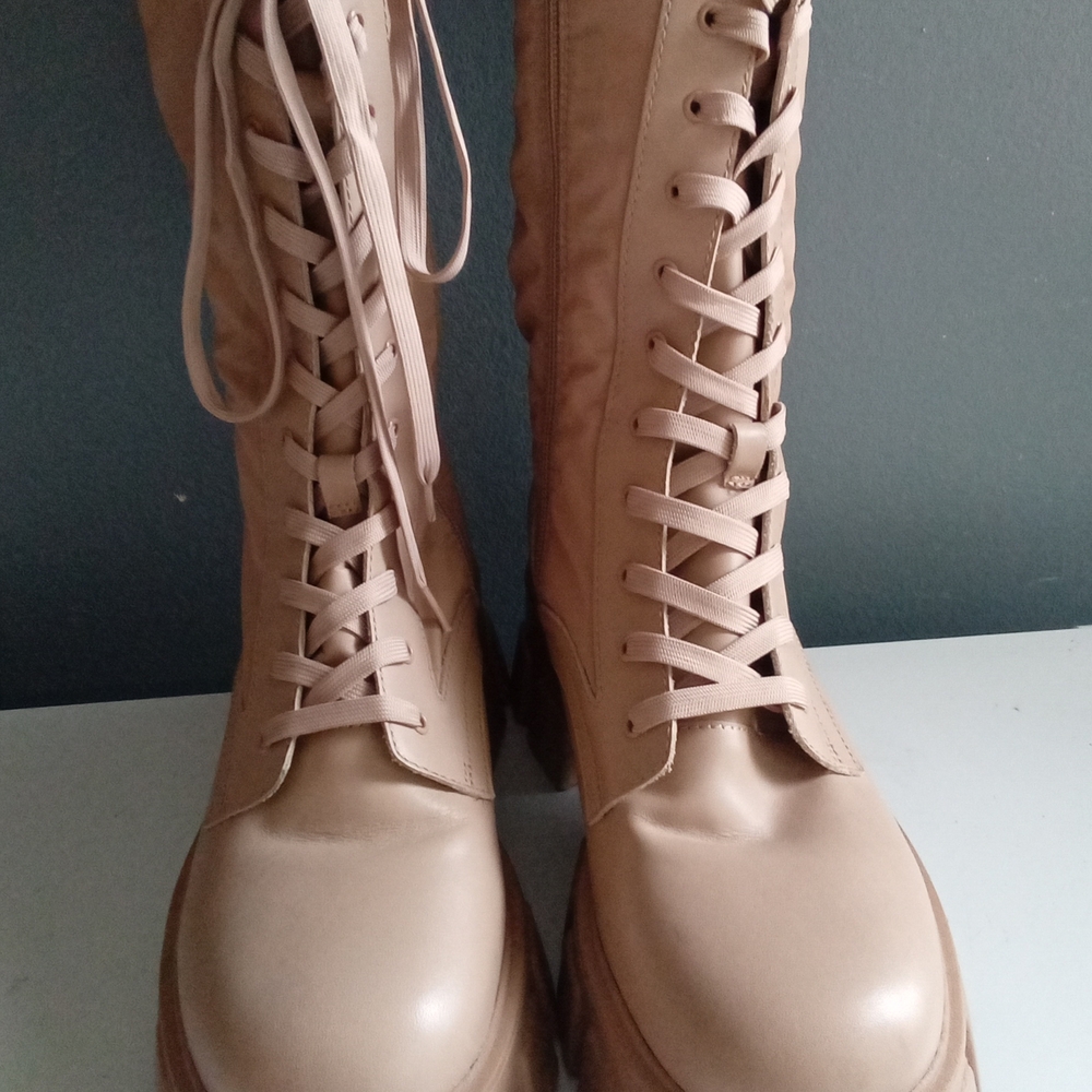 Beige Lace Up Chunky Platform Combat Boots Knee High